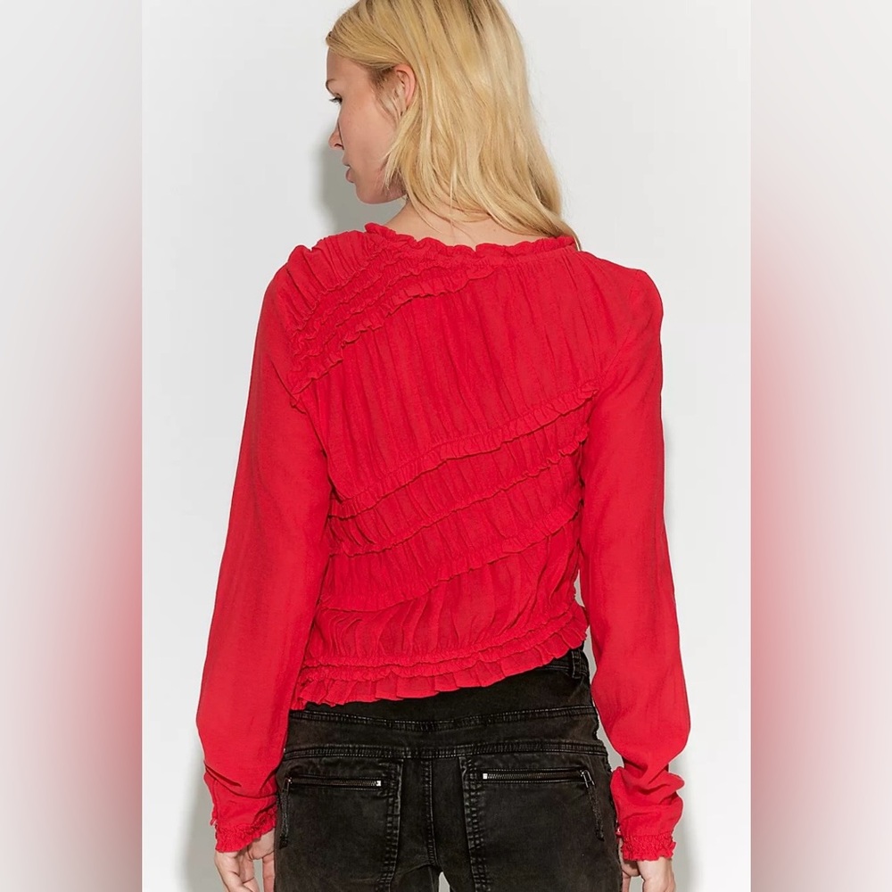 NWT Free People Pink Sands Ruched Long Sleeve Top Elegant Red Women's Top - Picture 2 of 4